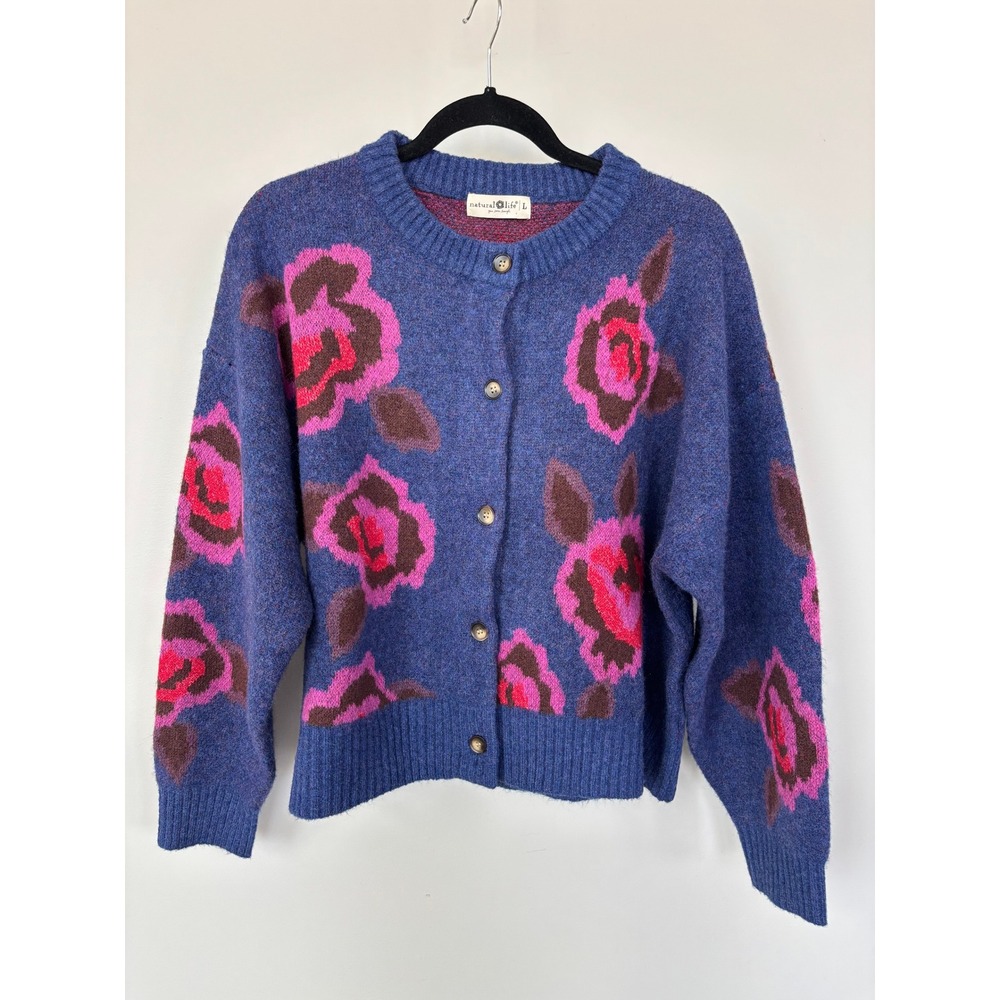 Natural Life Purple Floral Rose Knit Cardigan Sweater Womens Large Boho Pink L